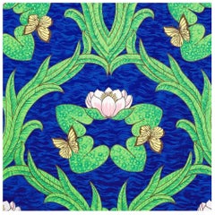 Vintage Sherle Wagner Handprinted Water Lillies Wallpaper, 1960s, Vibrant Blue
