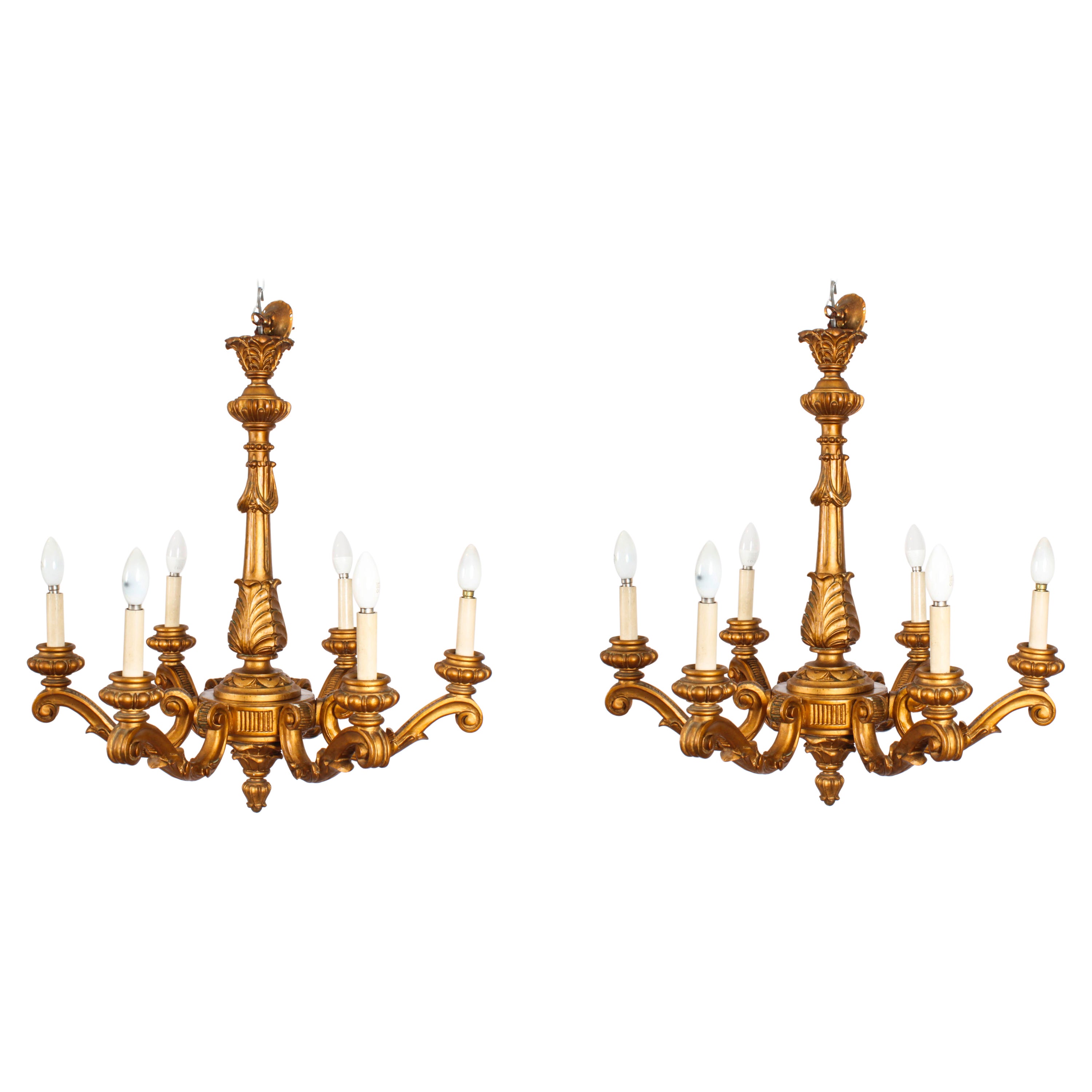 Antique Pair of Italian Giltwood Six Branch Chandeliers C1920