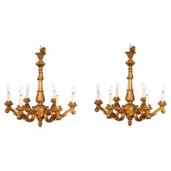Used Pair of Italian Giltwood Six Branch Chandeliers C1920