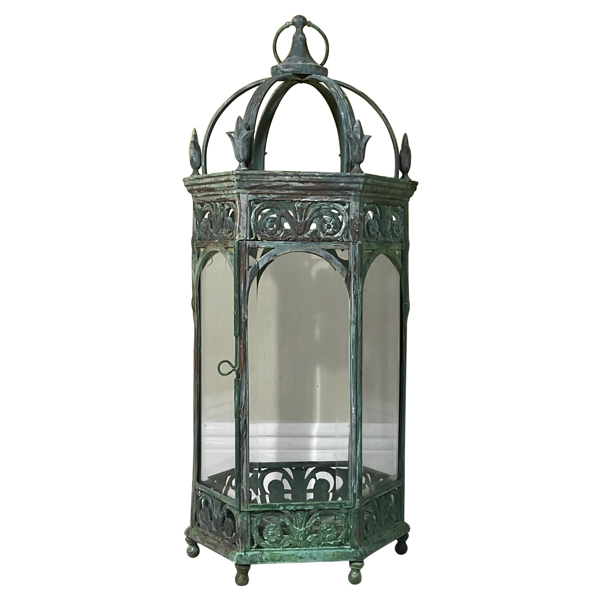 Single Handcrafted bronze and Brass Garden Candle Lantern For Sale