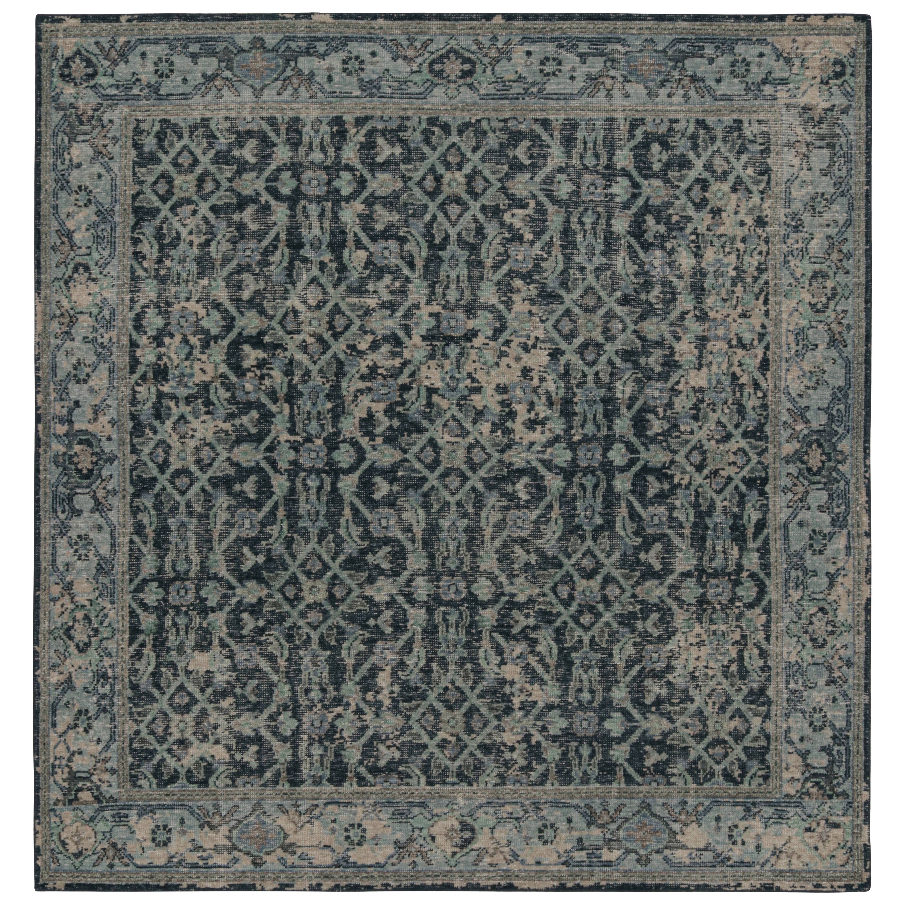 Rug & Kilim’s Distressed Style Rug in Blue with Floral Patterns For Sale