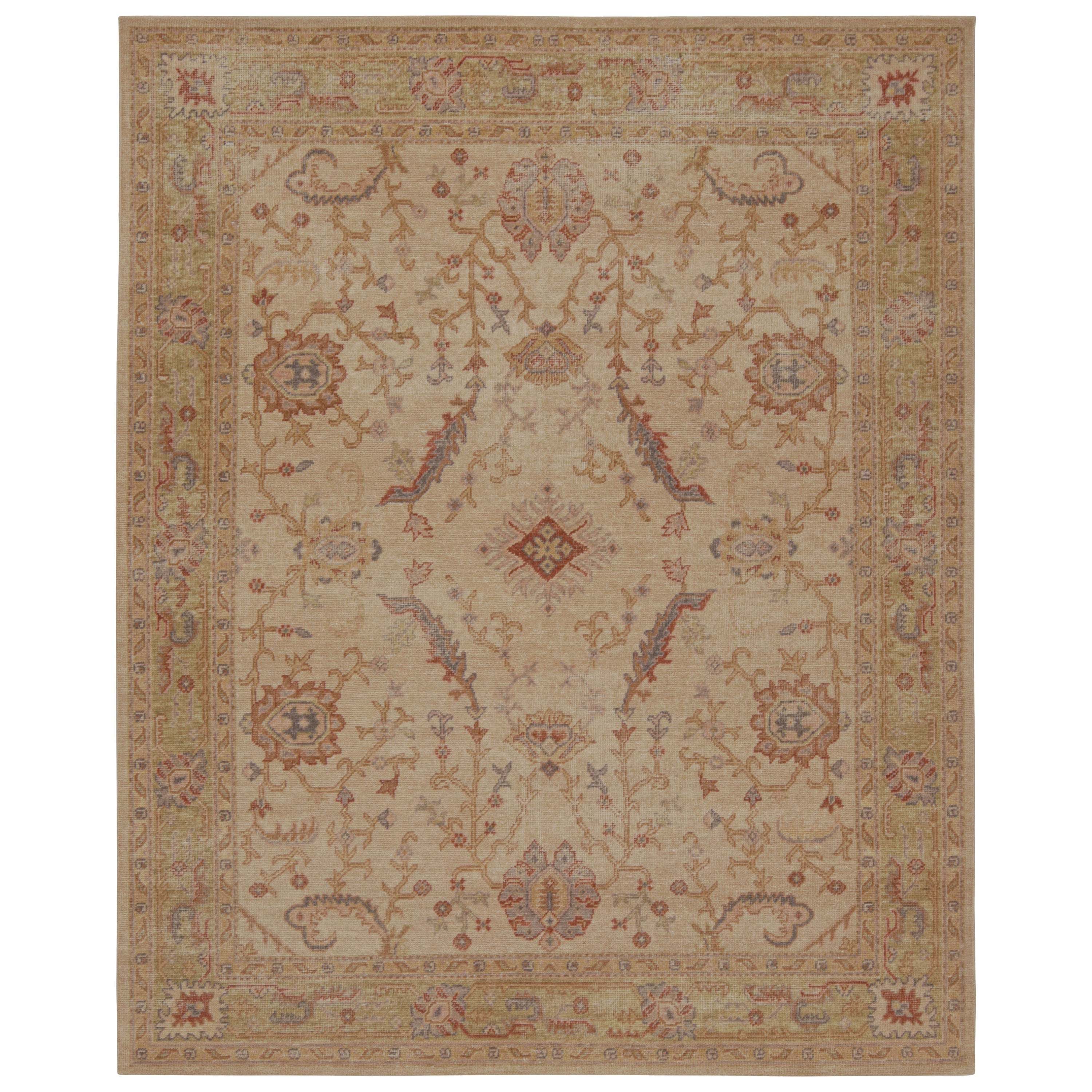 Rug & Kilim’s Distressed style Rug in Beige-Brown and Green Geometric Patterns For Sale