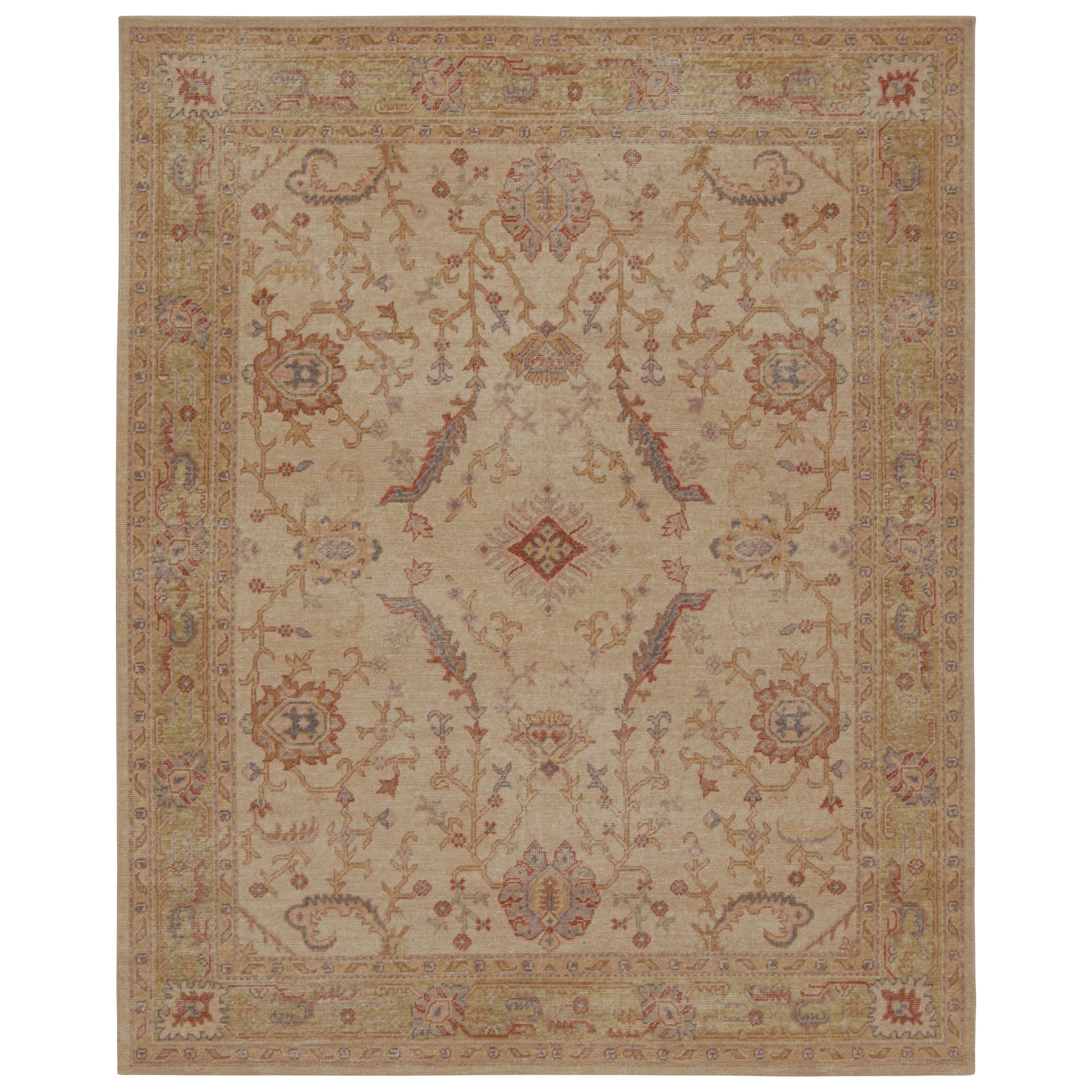 Rug & Kilim's Distressed style Rug in Beige-Brown and Green Geometric Patterns (Tapis à motifs géométriques beige-marron et vert) en vente