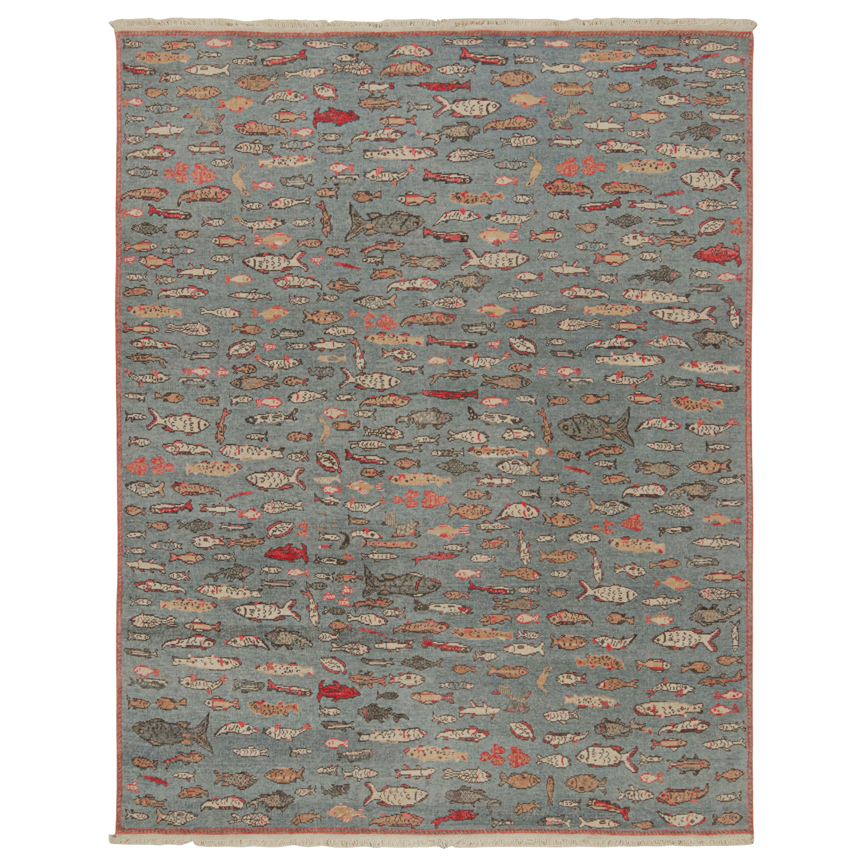 Rug & Kilim’s Pictorial Art Rug in Blue with Fish Illustrations For Sale