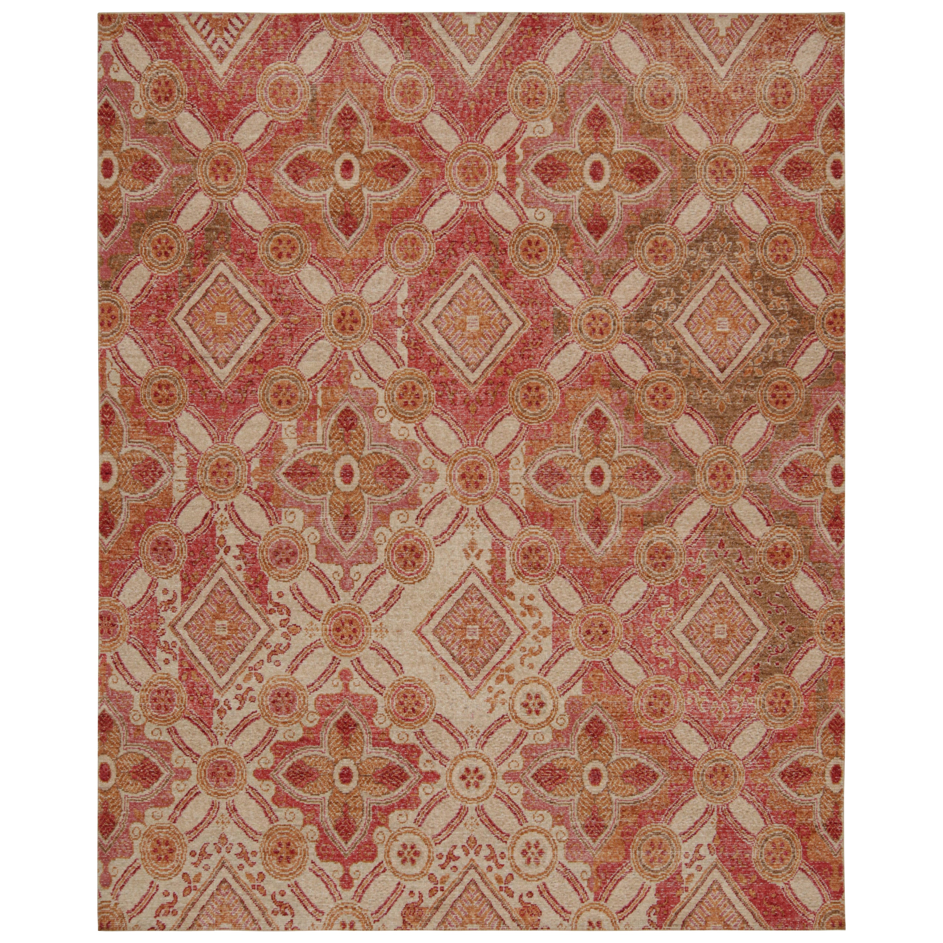 Rug & Kilim’s Distressed Style Rug in Red, Beige and Gold Geometric Patterns For Sale