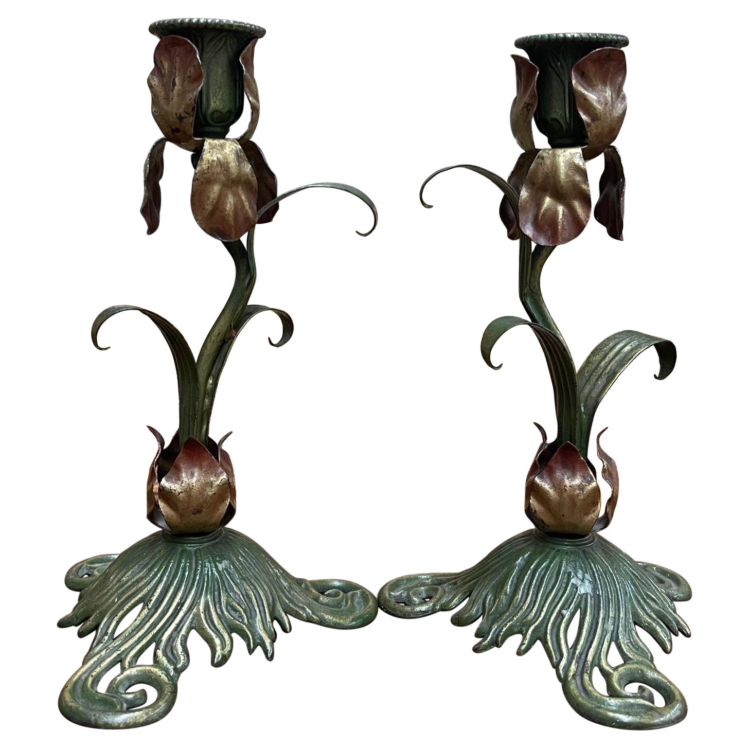 Vintage Pair of Art Nouveau Style Candlestick Holder Decor