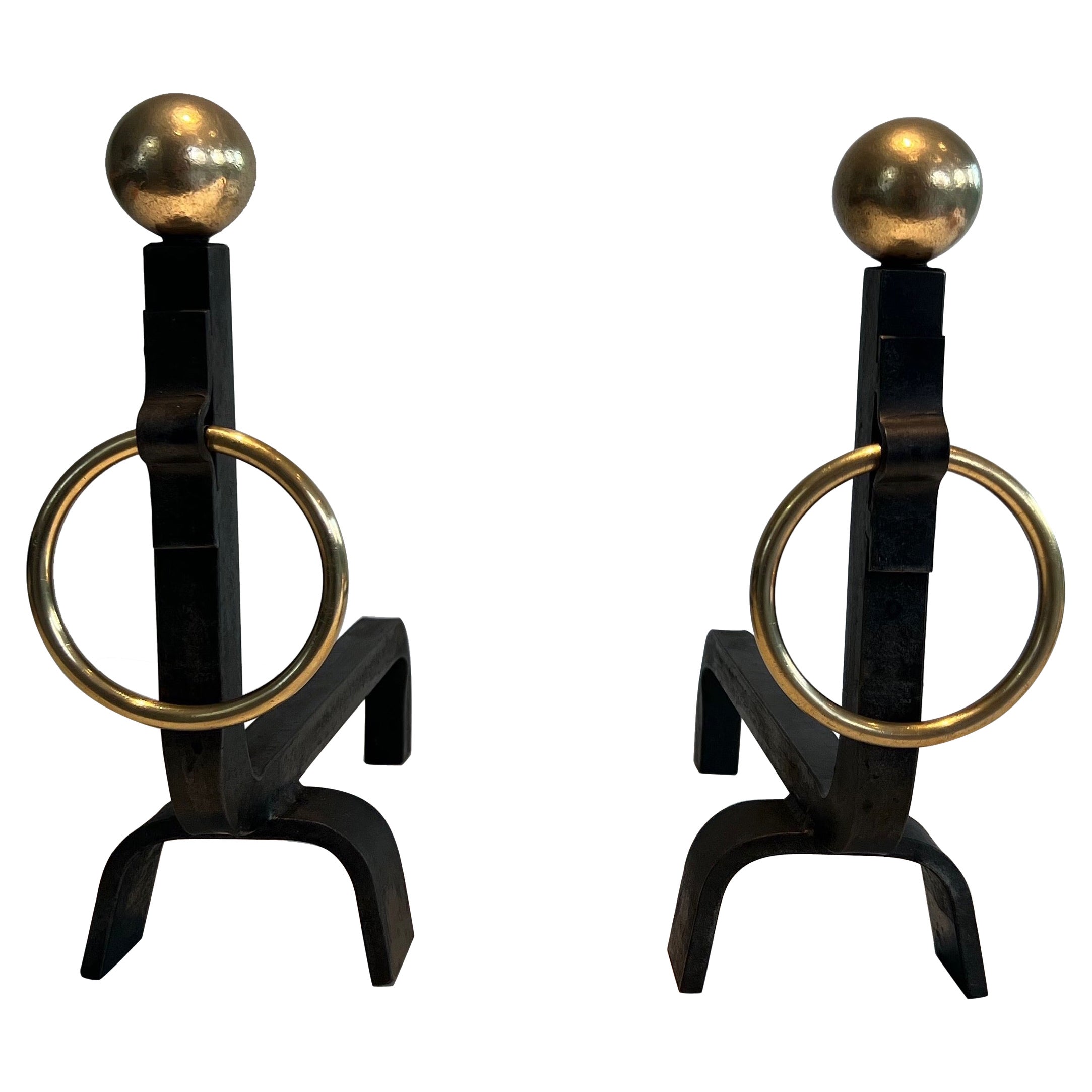 Pair of Wrought Iron and Brass Andirons in the style of Jacques Adnet For Sale