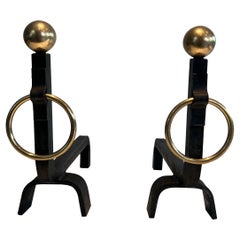 Antique Pair of Wrought Iron and Brass Andirons in the style of Jacques Adnet