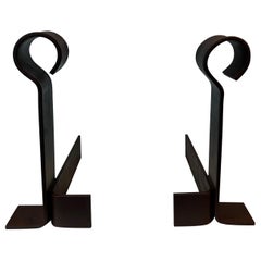 Vintage Important Pair of Modernist Cast Iron and Wrought Iron Andirons