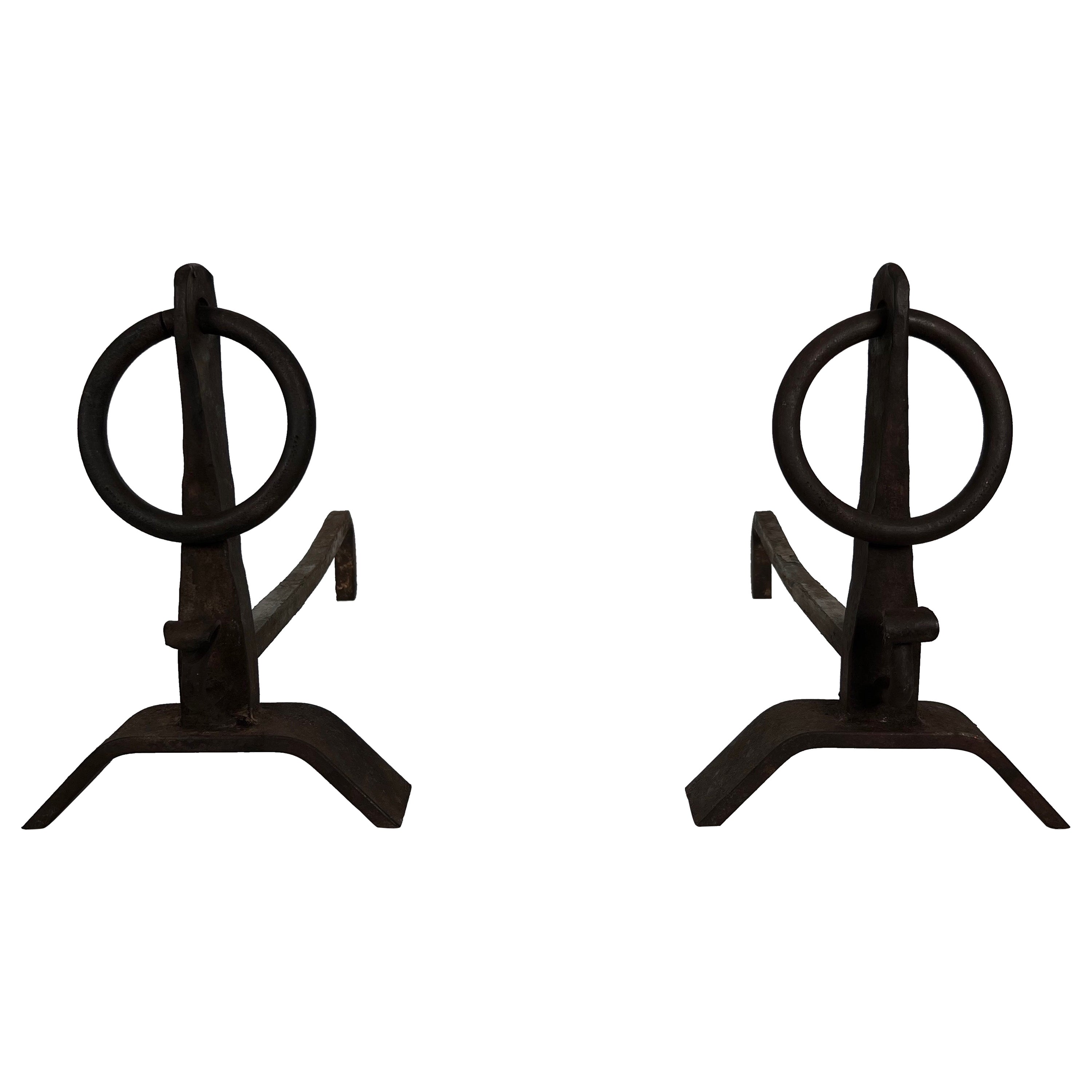 Pair of Modernist Wrought Iron Andirons in the Style of Jacques Adnet For Sale