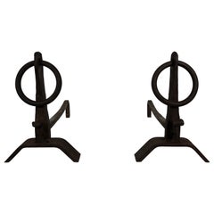 Vintage Pair of Modernist Wrought Iron Andirons in the Style of Jacques Adnet