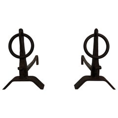 Pair of Modernist Wrought Iron Andirons in the Style of Jacques Adnet