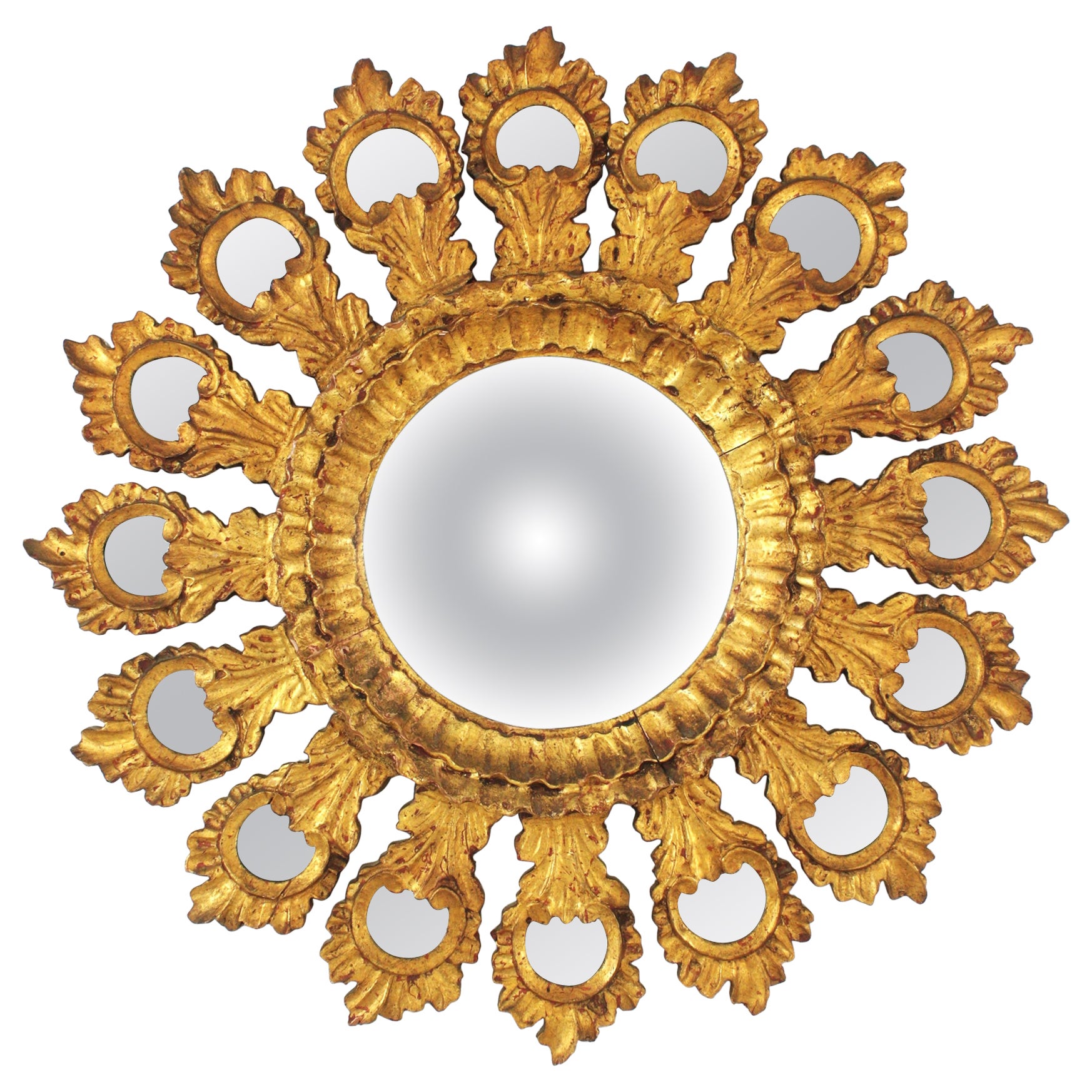 Spanish Baroque Sunburst Gilt Carved Wood Bullseye Mirror with Mirror Insets For Sale