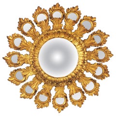 Antique Spanish Baroque Sunburst Gilt Carved Wood Bullseye Mirror with Mirror Insets