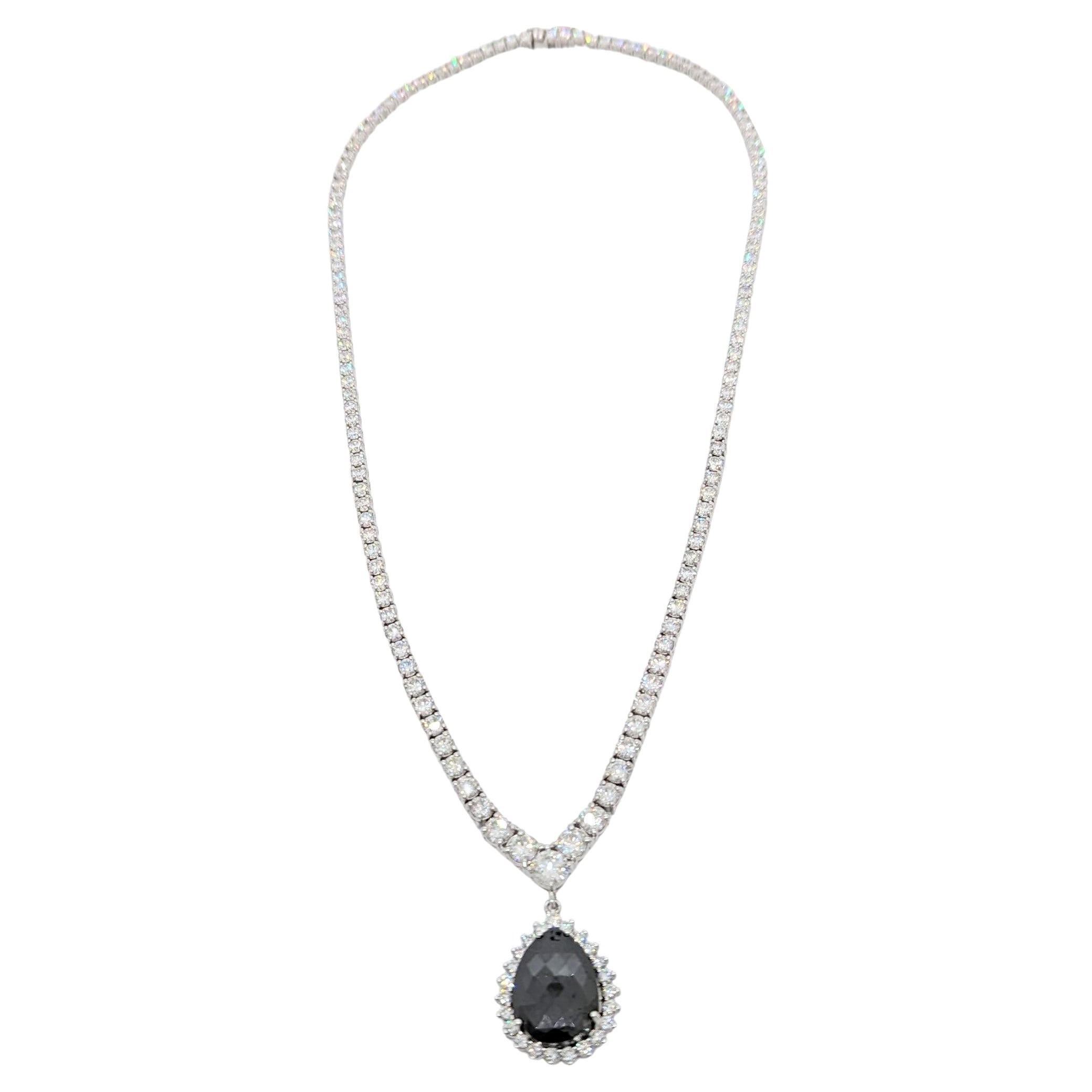 Black Diamond Pear and White Diamond Round Necklace in 14K White Gold For Sale