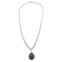 Black Diamond Pear and White Diamond Round Necklace in 14K White Gold