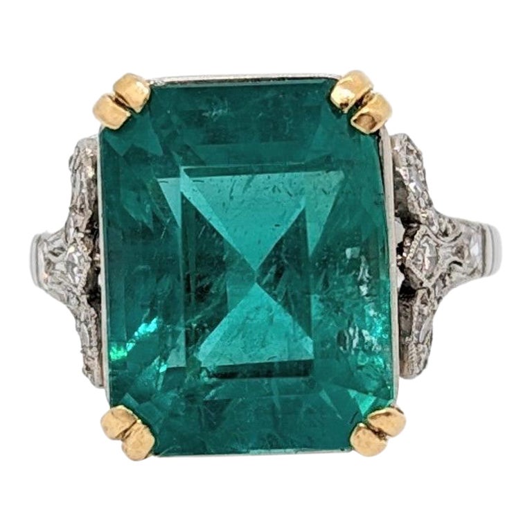 Emerald and White Rose Cut Diamond Cocktail Ring in Platinum & 18K Yellow Gold