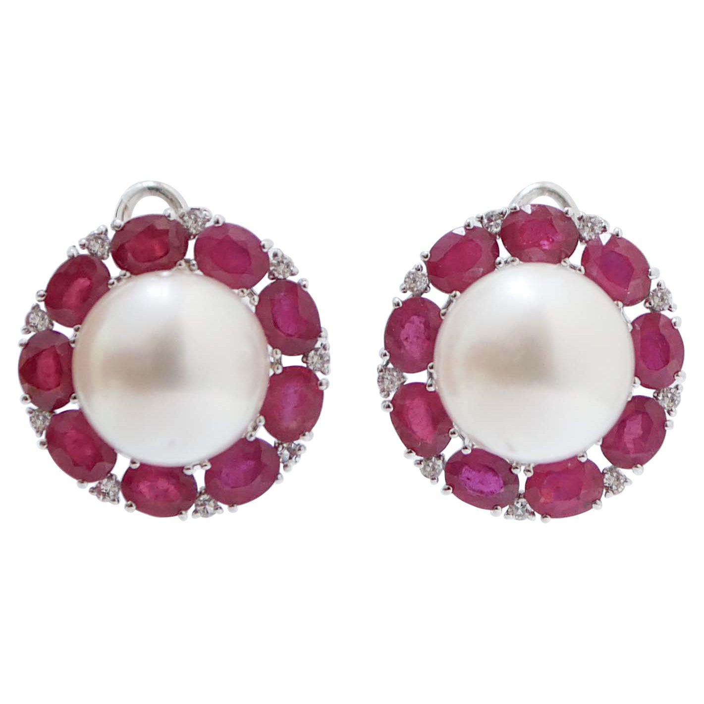 South-Sea Pearls, Rubies, Diamonds, 14 Karat White Gold Earrings. For Sale