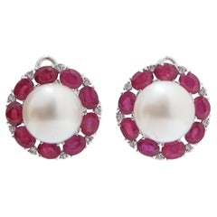 Boucles d'oreilles en or blanc 14 carats, perles des mers du Sud, rubis, diamants