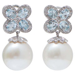 South-Sea Pearls, Aquamarine, Diamonds, 14 Karat White Gold Earrings.