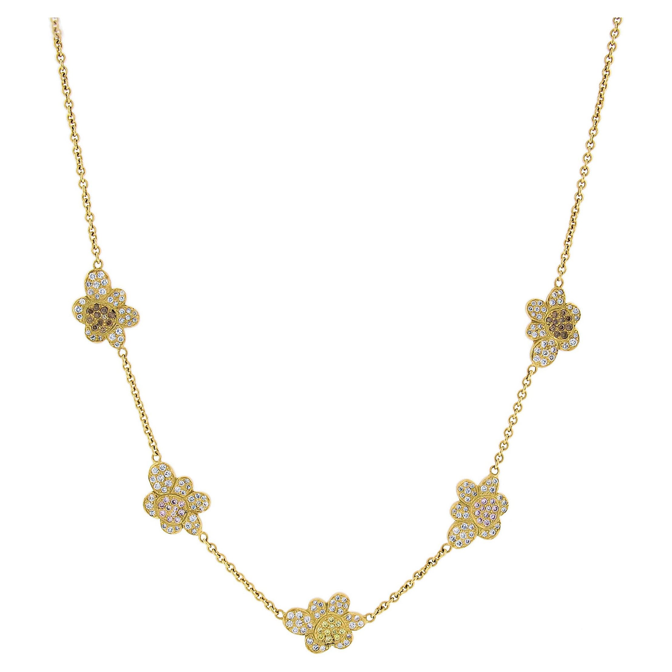 18k Gold GIA 2ctw GIA Colored Pink Yellow Diamond Flower Station Necklace Chain For Sale