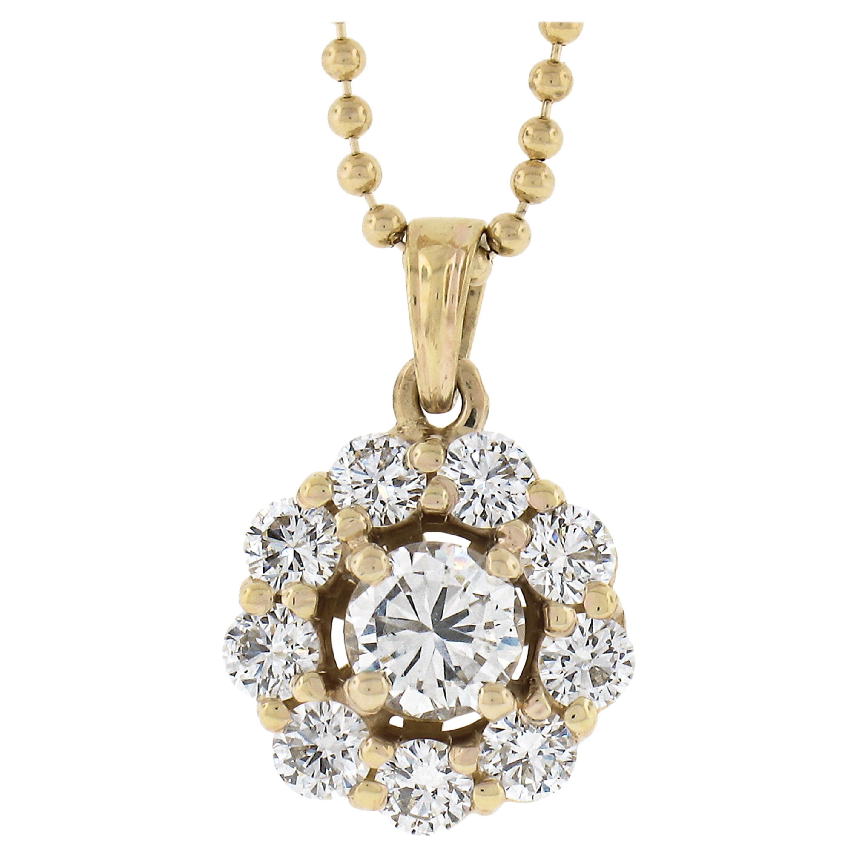 18k Yellow Gold 1.04ctw Round Diamond Cluster Pendant 18" Bead Ball Necklace For Sale