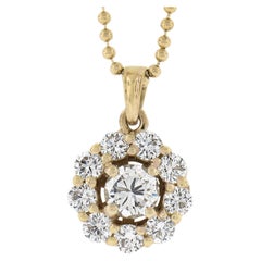 18k Yellow Gold 1.04ctw Round Diamond Cluster Pendant 18" Bead Ball Necklace