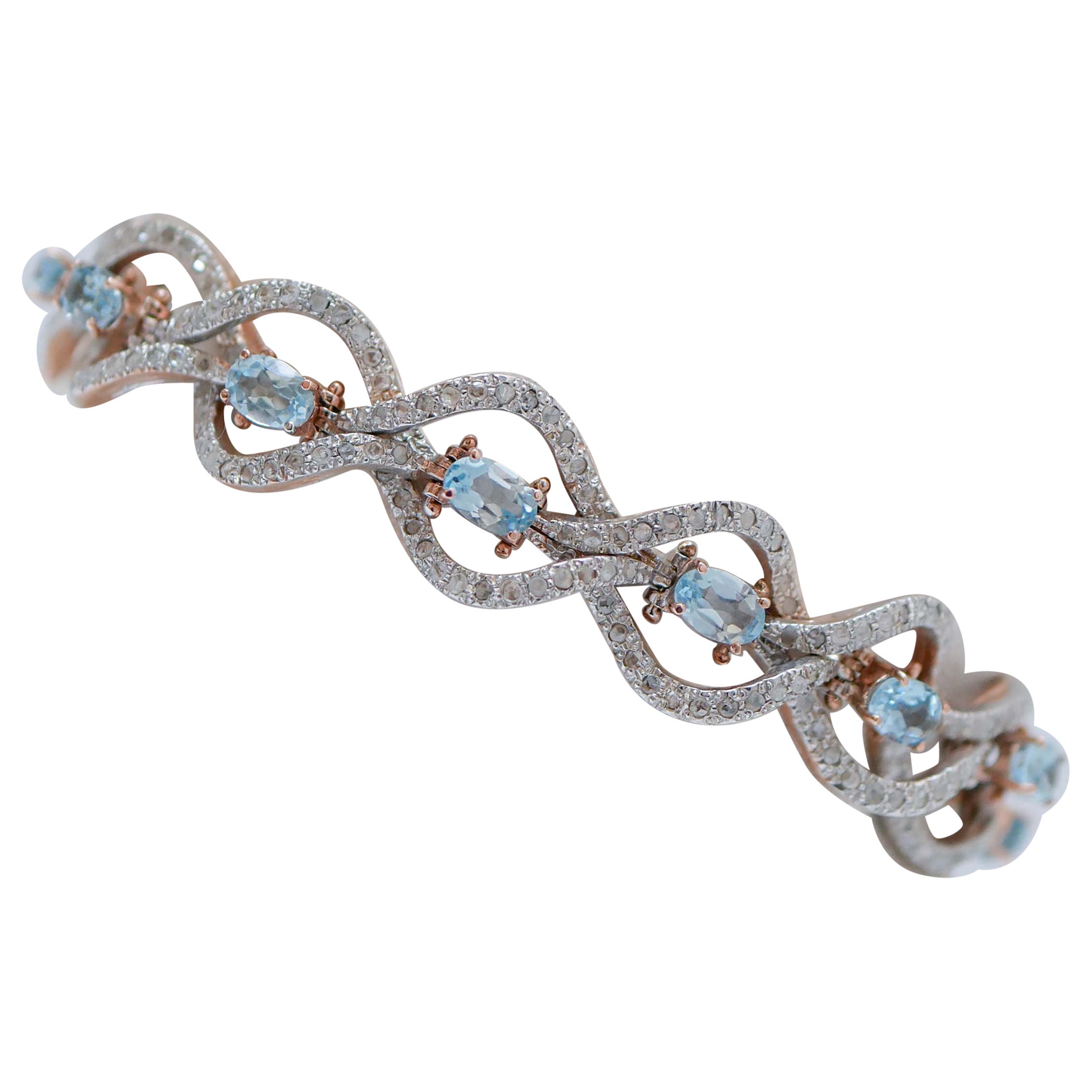 Aquamarine Color Topazs, Diamonds, Rose Gold and Silver Retrò Bracelet. For Sale