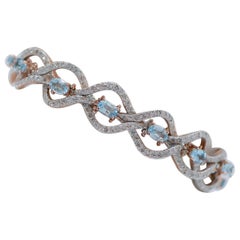 Vintage Aquamarine Color Topazs, Diamonds, Rose Gold and Silver Retrò Bracelet.