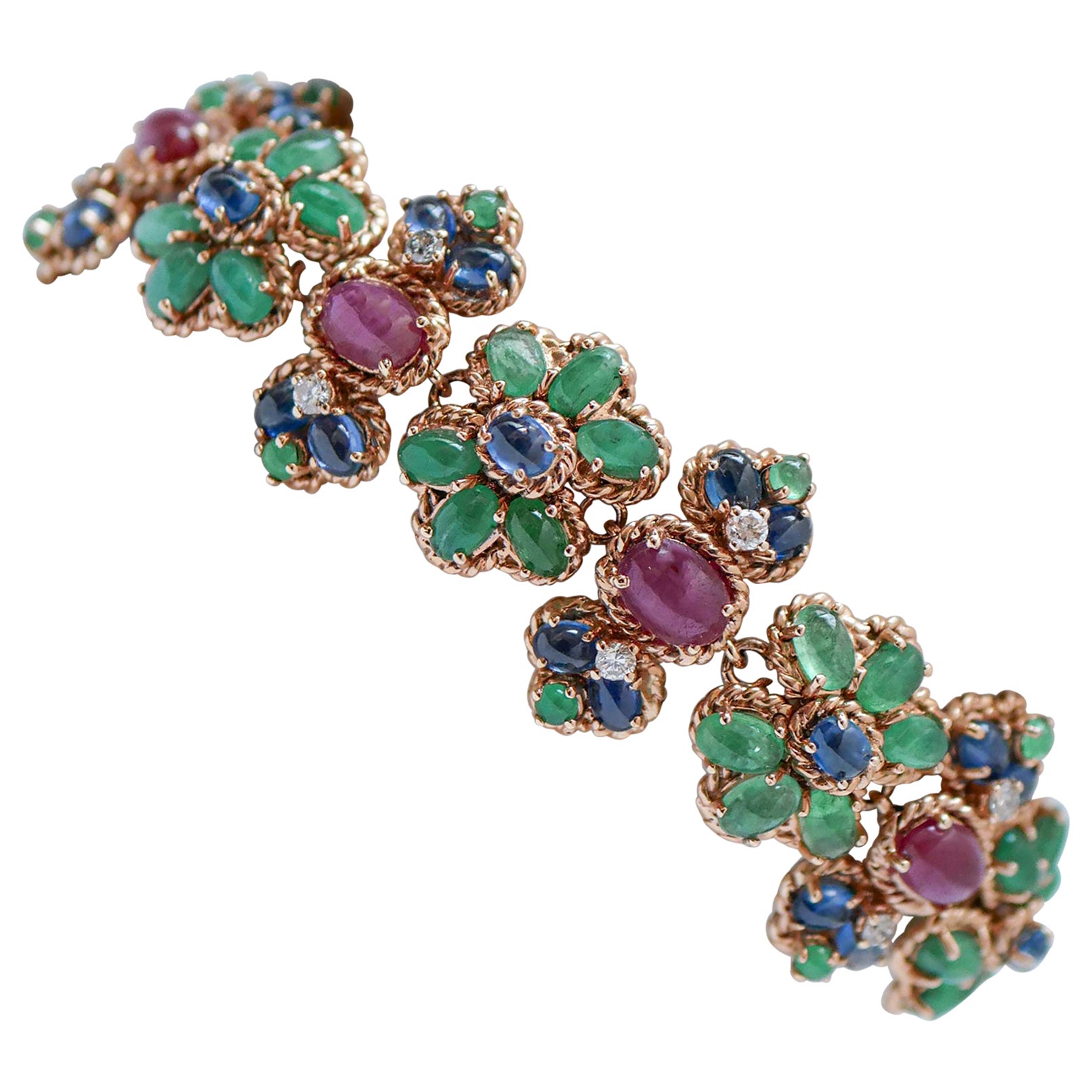 Emeralds, Rubies, Sapphires, Diamonds, 14 Karat Rose Gold Link Bracelet.