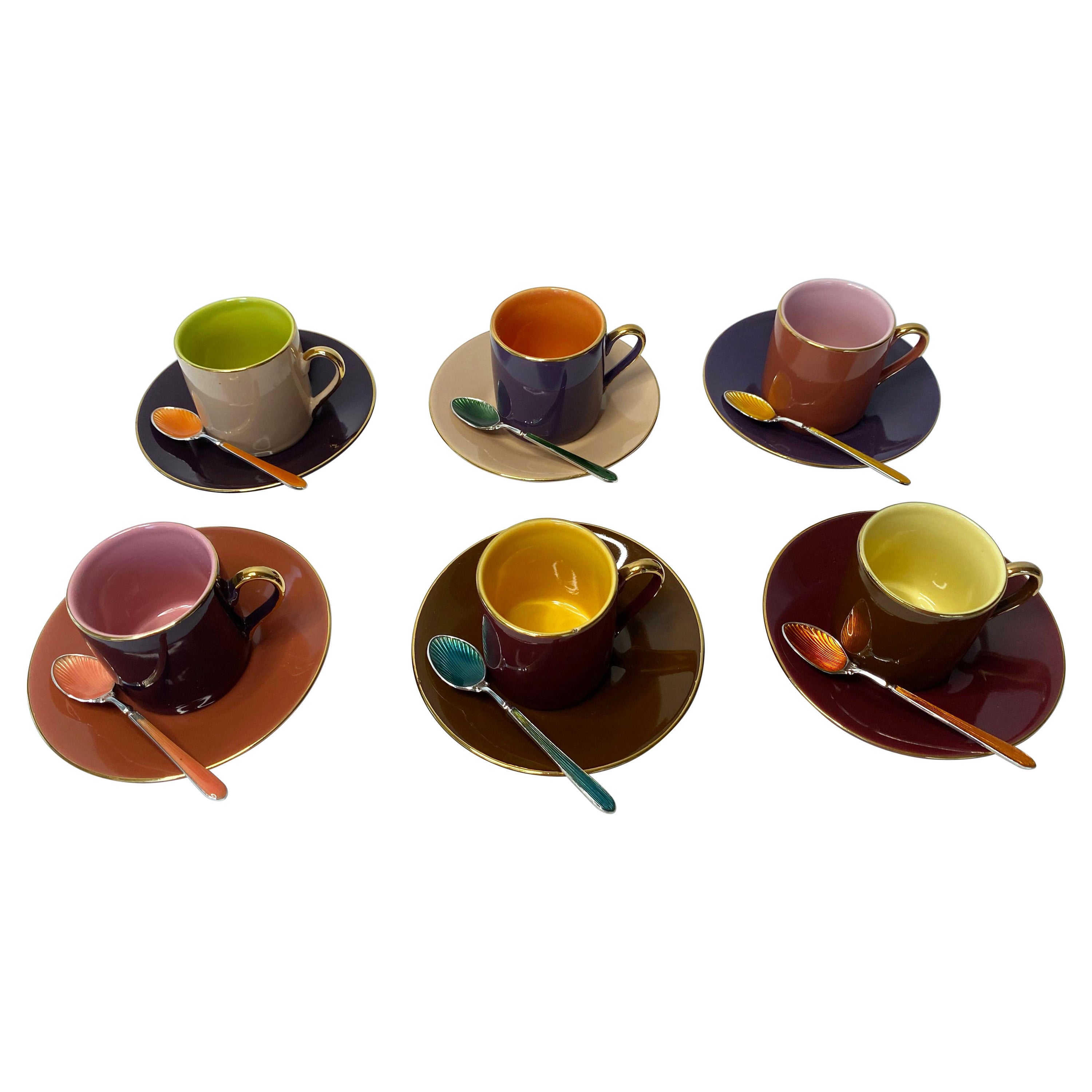 Multi Colored Coffee Cup Set with Decorative Enamel Spoons For Sale
