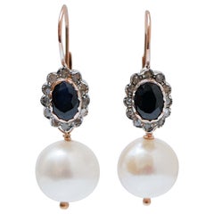 White Pearls, Sapphires, Diamonds, Rose Gold and Silver Retrò Earrings.