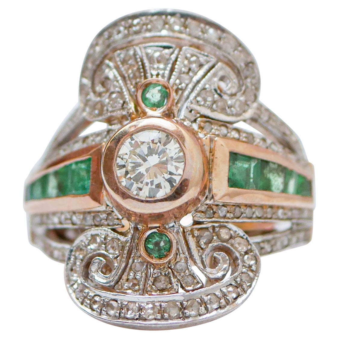 Emeralds, Diamonds, 14 Karat Rose Gold and Silver Ring. For Sale