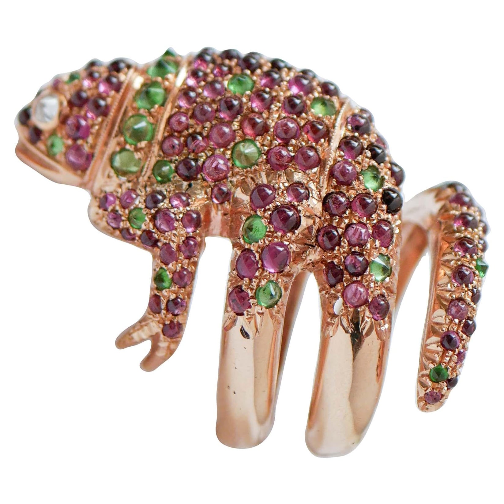 Tsavorite, Garnets, Diamonds, 14 Karat Rose Gold Chameleon Ring For Sale