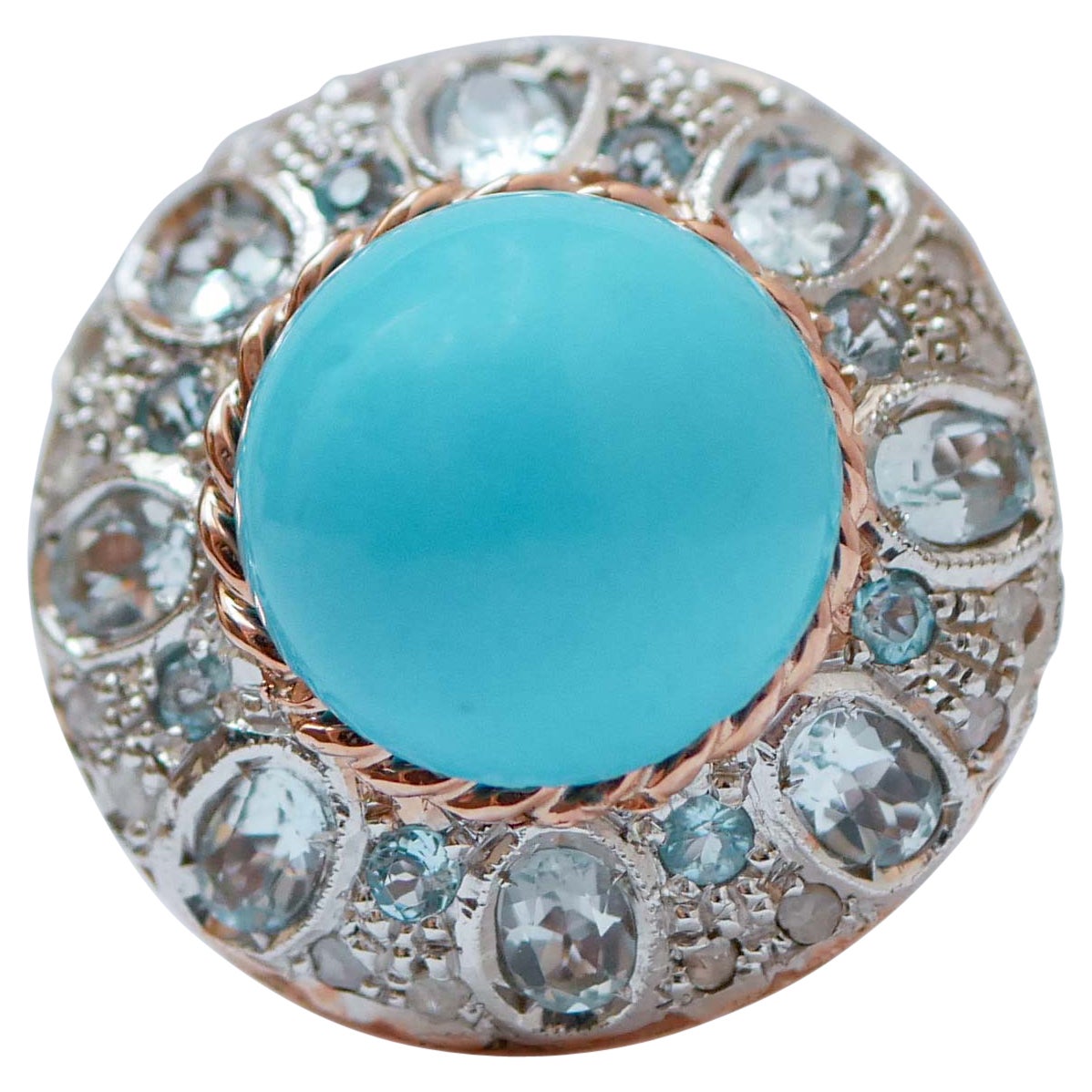 Magnesite, Aquamarine Color Topazs, Diamonds, Rose Gold and Silver Ring. For Sale