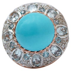 Vintage Magnesite, Aquamarine Color Topazs, Diamonds, Rose Gold and Silver Ring.