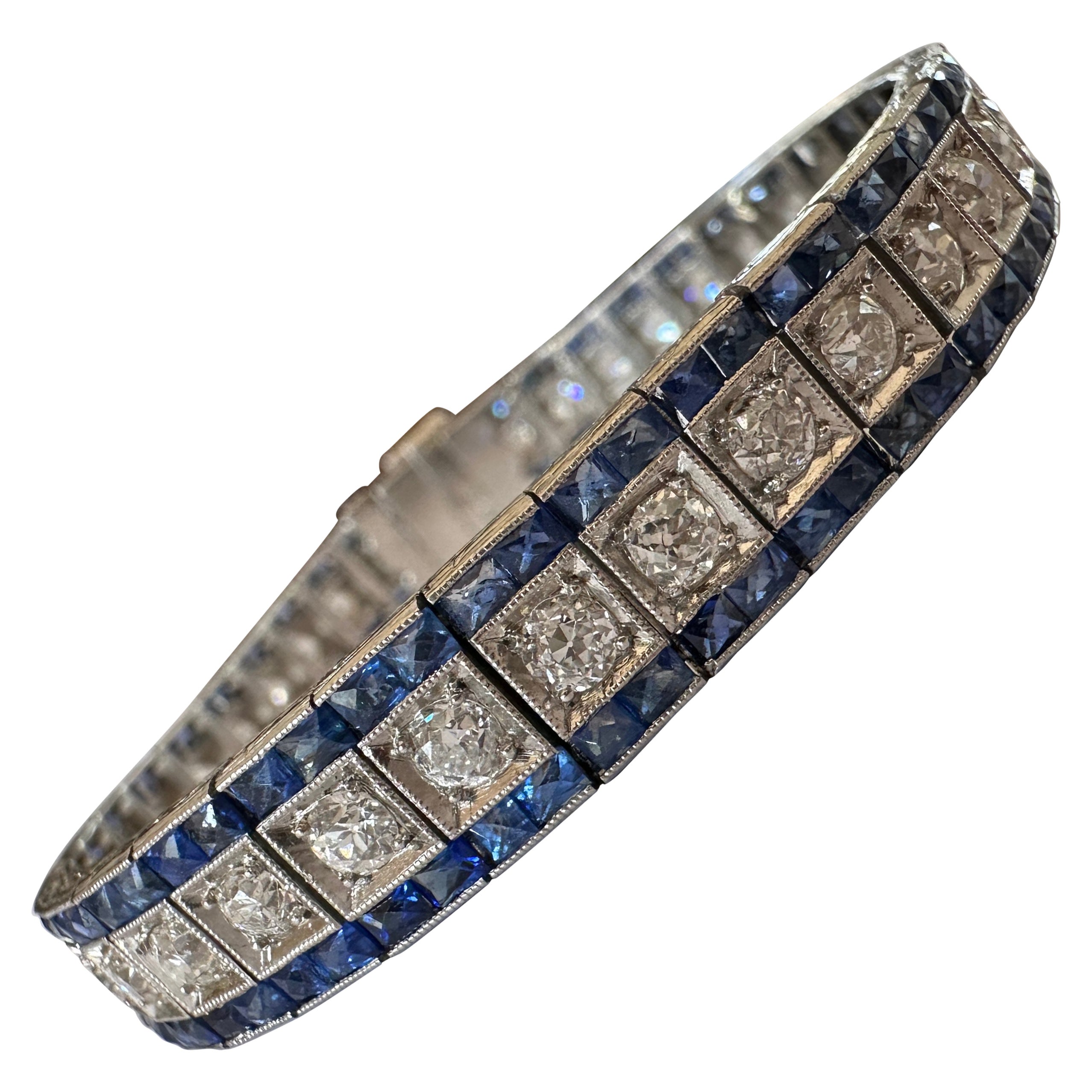 Art Deco Diamond and Blue Sapphire Link Bracelet For Sale