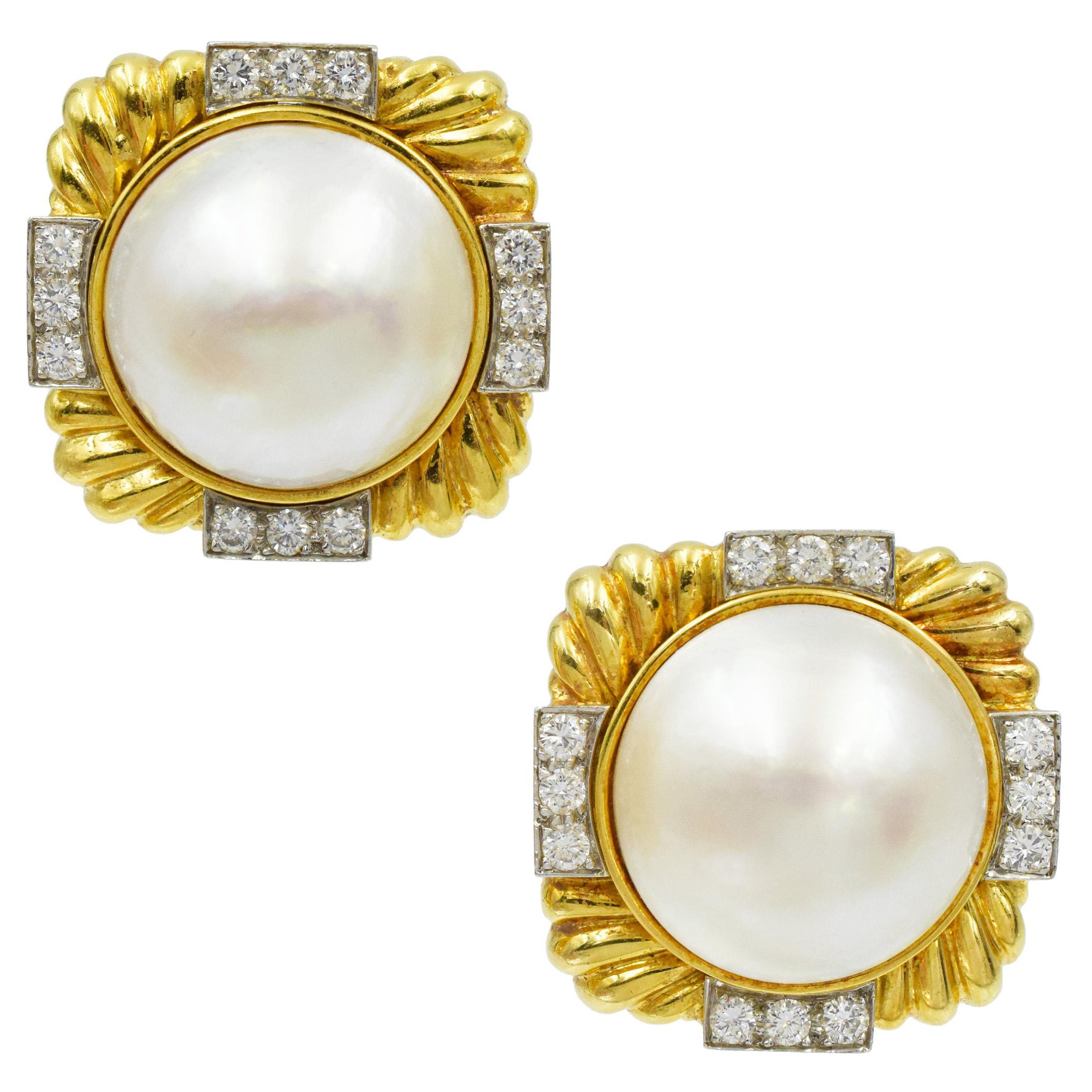 David Webb Pearl and Diamond Ear-clips