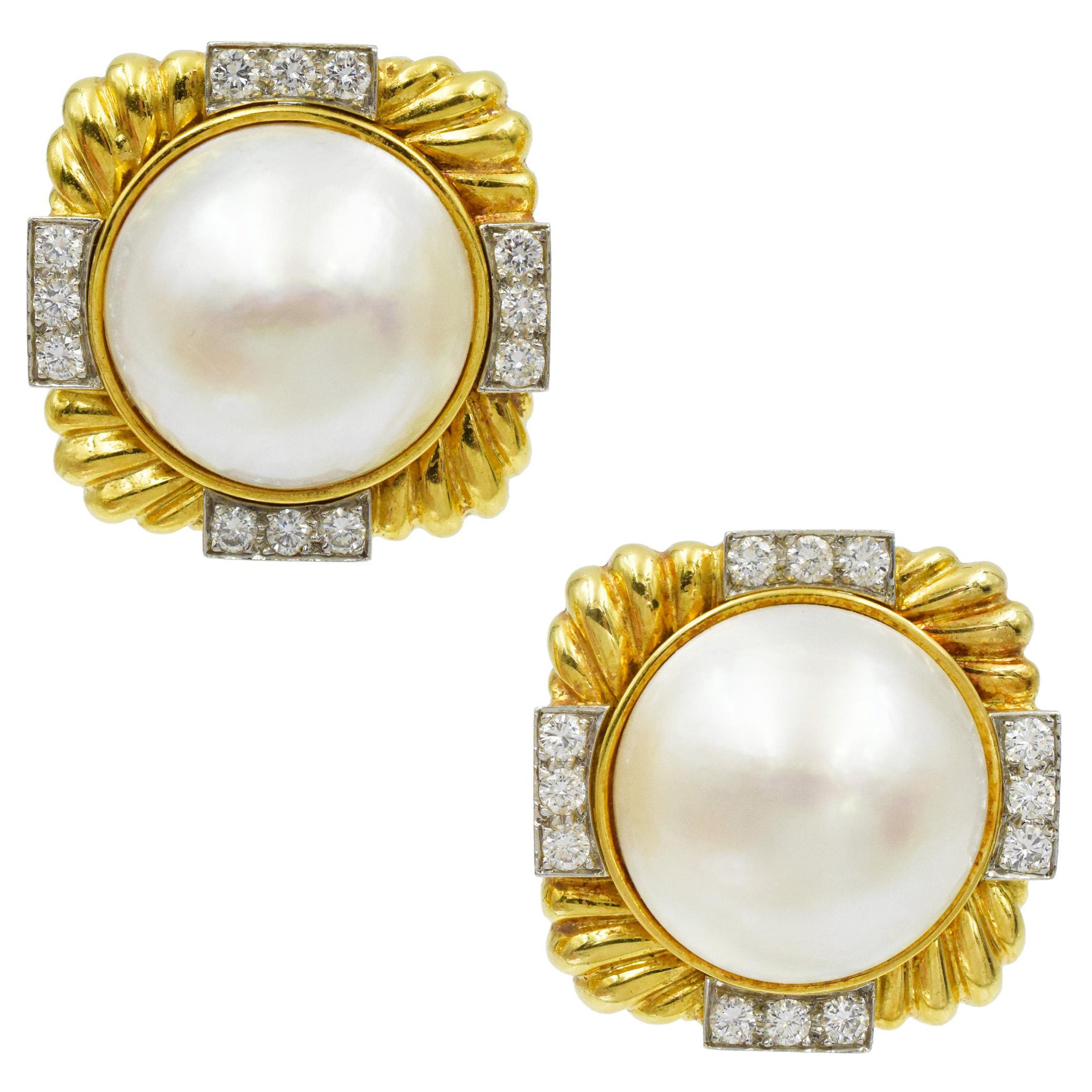 David Webb Pearl and Diamond Ear-clips