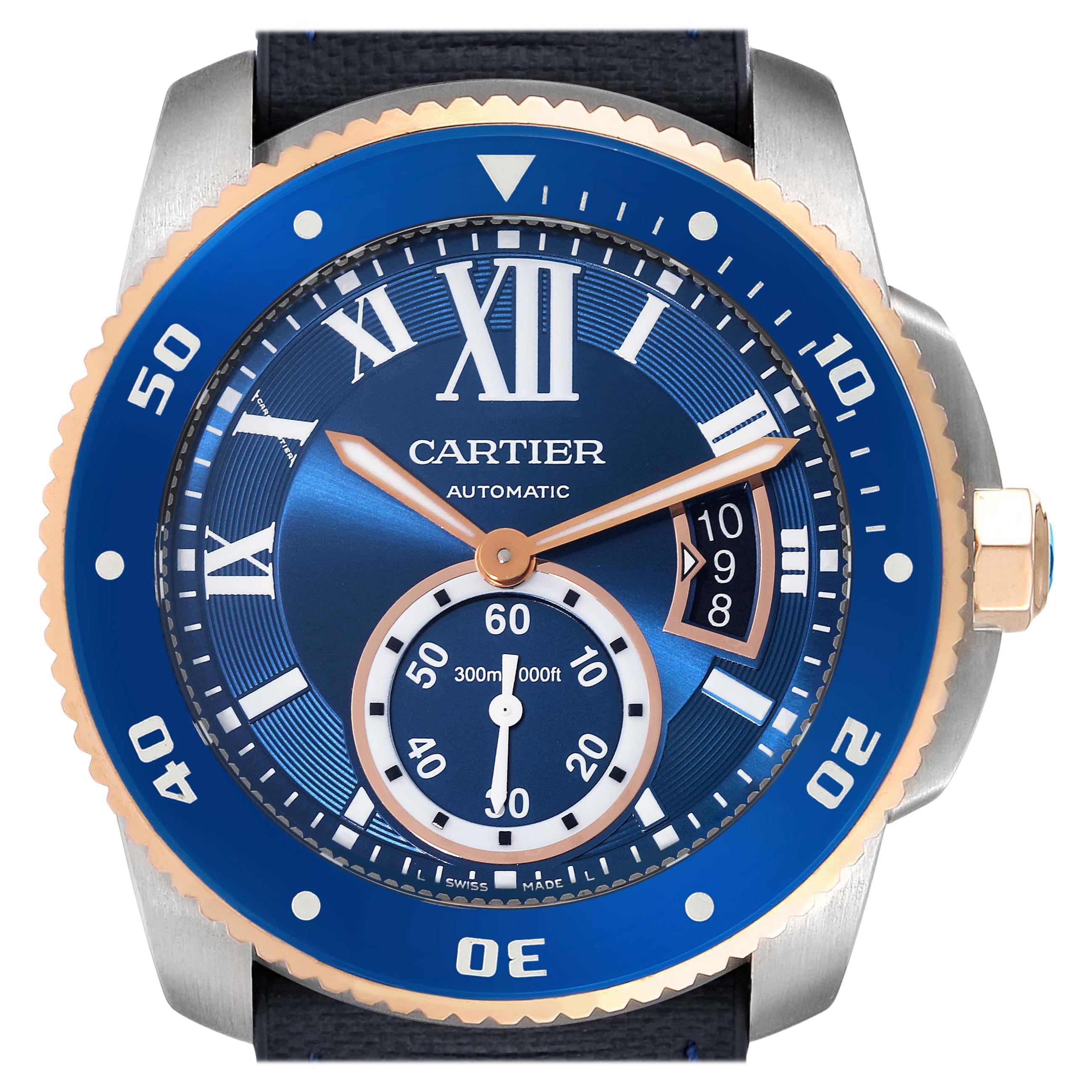 Cartier Calibre Diver Steel Rose Gold Blue Dial Mens Watch W2CA0008 Box Papers