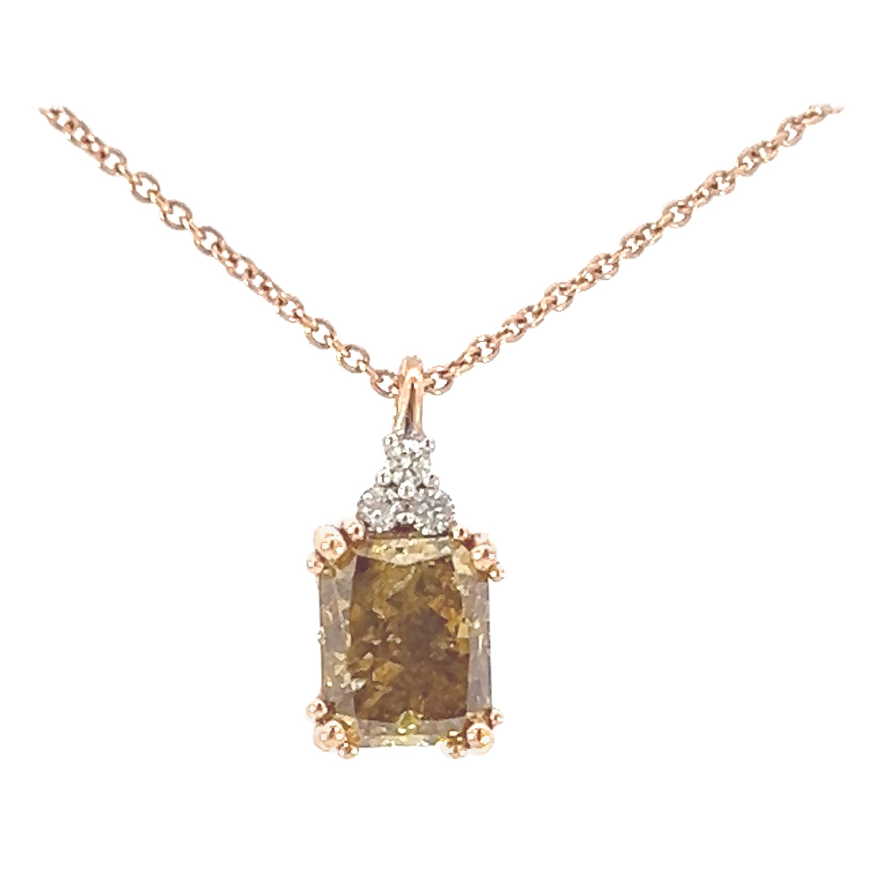 18k Deep Olive Green Brown 1.66 Carat Diamond BB Pendant with Rose Pink Necklace For Sale