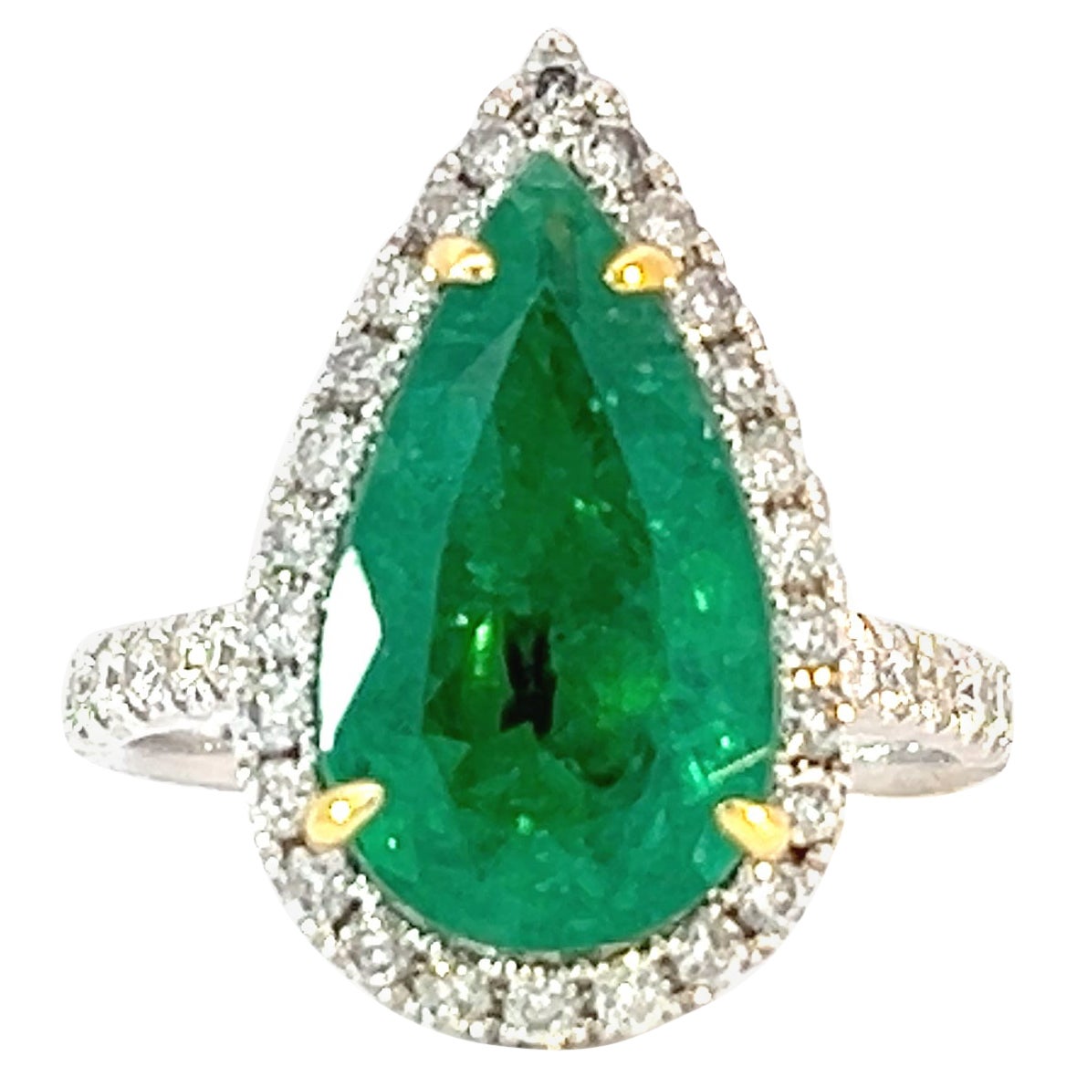 18k GIA Deep Green Emerald Pear 3.94 Carat & Diamond Engagement Statement Ring For Sale