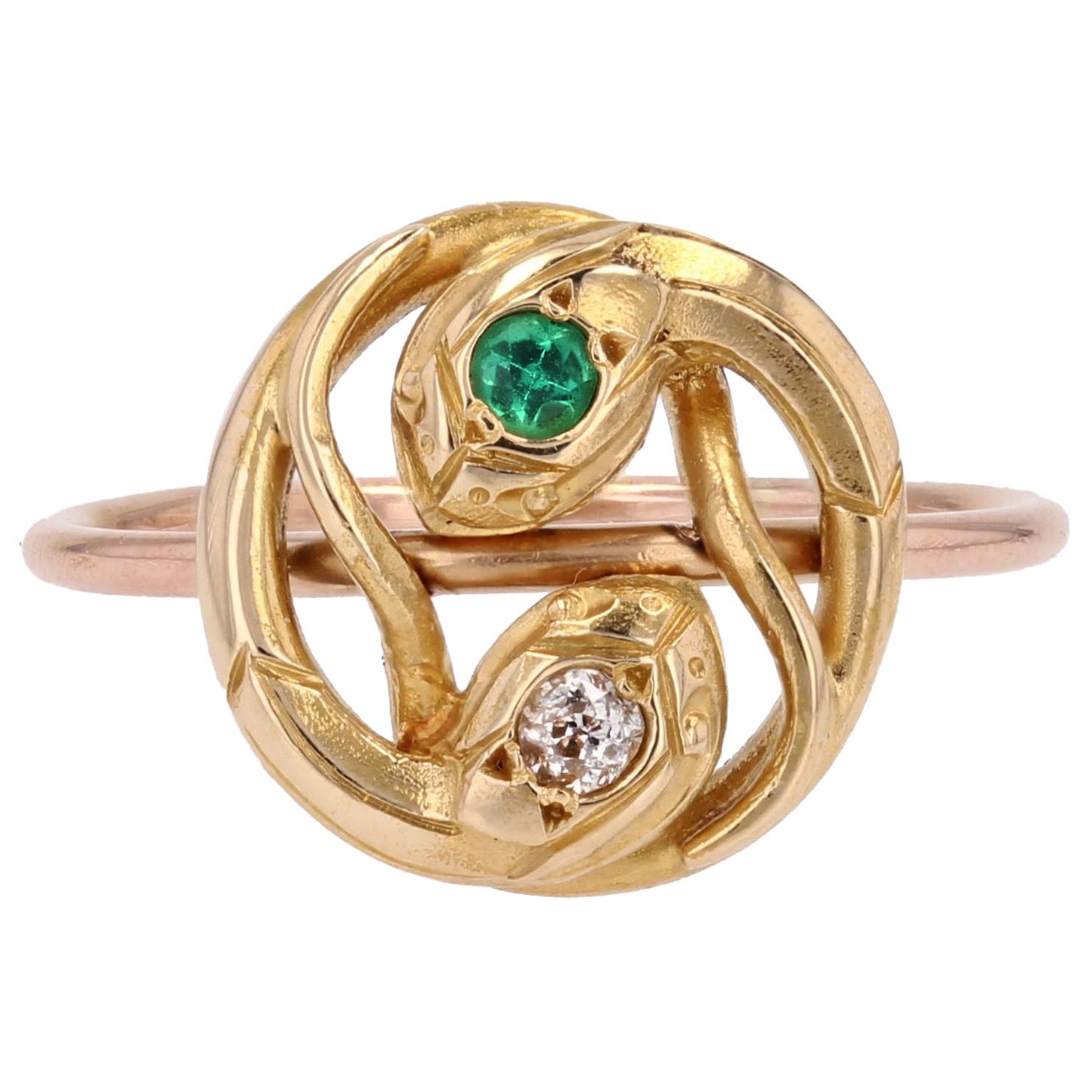 French 19th Century Emerald Diamond 18 Karat Yellow Rose Gold Snake Ring For Sale