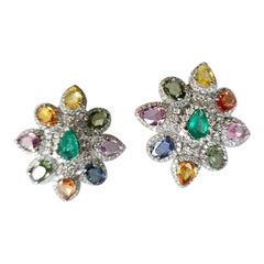 Set in 18K Gold, Zambian Emerald, Multi Sapphires & Diamonds Stud Earrings