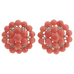 Retro Coral, Diamonds, Rose Gold and Silver Earrings.