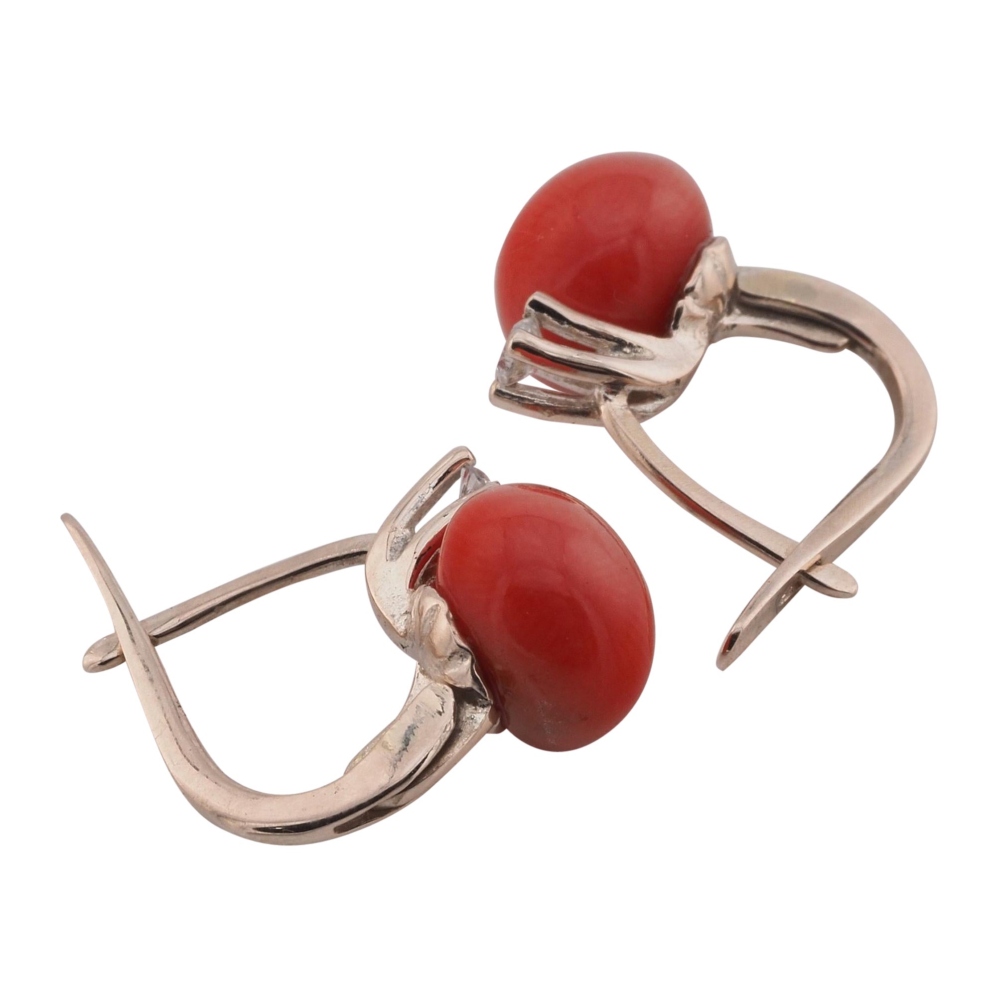 Vintage Style Natural Red Coral Diamond Monachina Earrings For Sale