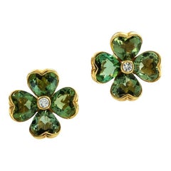 Illario Green Tourmaline Diamond Four Leaf Clover Clip On Earrings