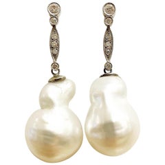 Vintage Diamond Dangle Removable South Sea Baroque Pearl Stud 18k White Gold Earrings