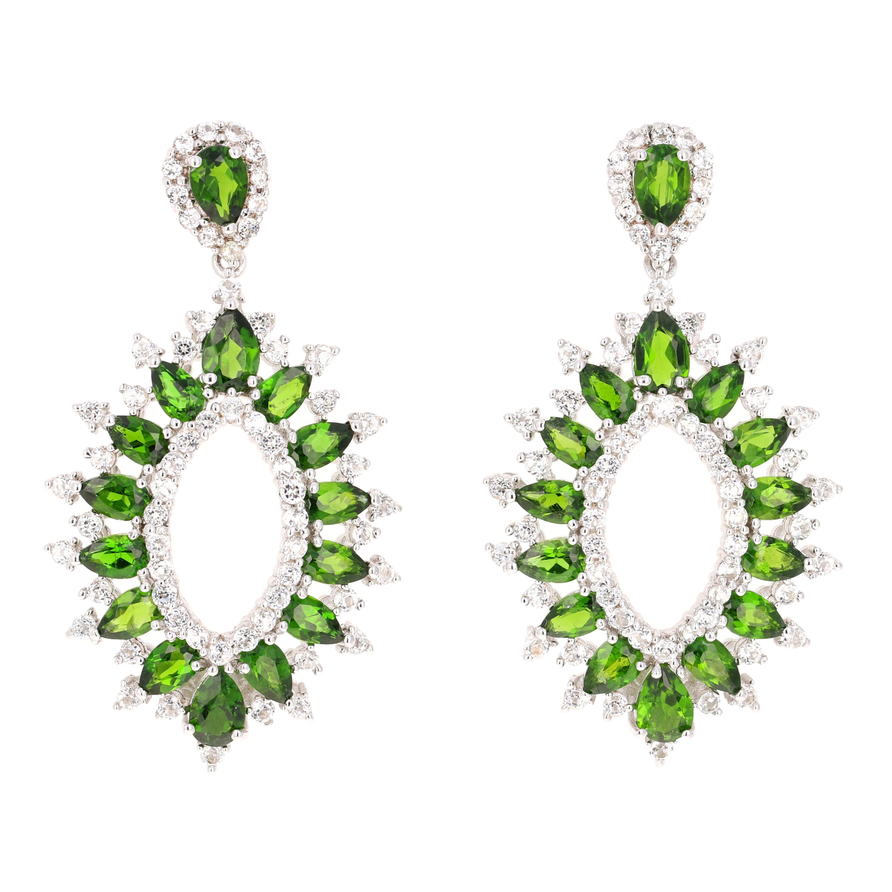 7.00 Carat Chrome Diopside White Topaz Silver Earrings For Sale