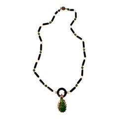 Black onyx, green jade and 14kt gold necklace